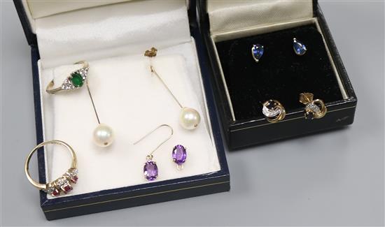 Two 9ct gold and gem set rings and four assorted pairs of gem set ear studs including 9ct gold.